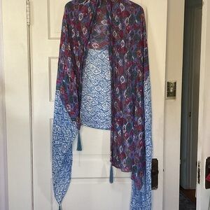 Michael Stars Blue Multicolor Floral Tassel Scarf/Wrap